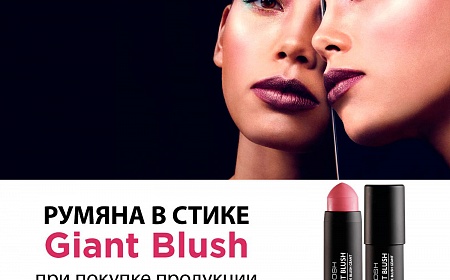 При покупке продукции GOSH на сумму от 899 рублей, румяна в стике Giant Blush в подарок.